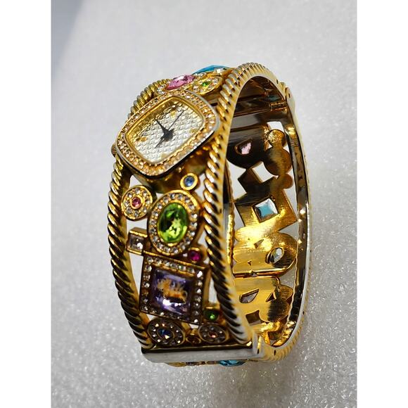 Rainbow Cuff Bangle Gem Crystal Infinity Diwali Gold Gauntlet Bracelet Watch - Picture 2 of 10